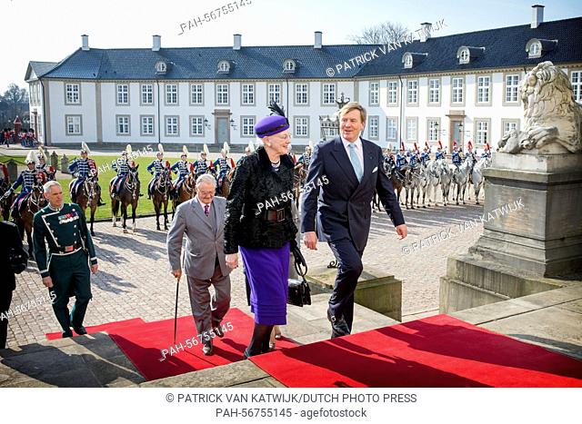 King Willem-Alexander and Queen Maxima of The Netherlands and Queen Margrethe and Prince Henrik arrive at Fredensborg Castle where they pose for the official...
