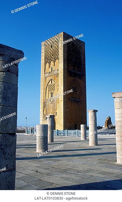 Hassan tower, Square tower. Pillars in courtyard