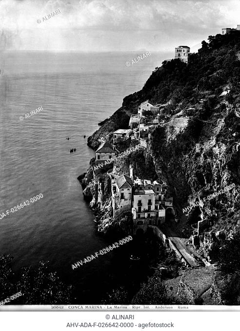 Panoramic view of Conca dei Marini, a picturesque town on the steep slopes over the sea of the Amalfi Coast, shot 1926 ca. by Anderson