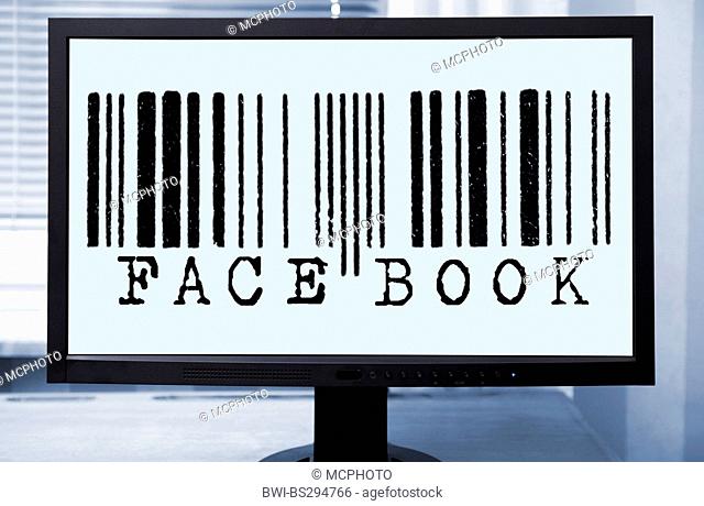 bar code with 'Facebook' inscription on a computer monitor symbolises the assimilation of the private data by the network