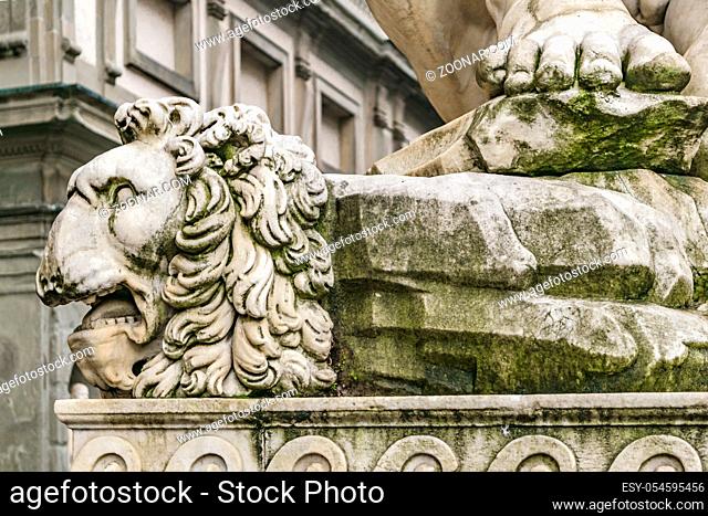 Hercules and caco sculpture detail at piazza de la signoria in Florence, Italy