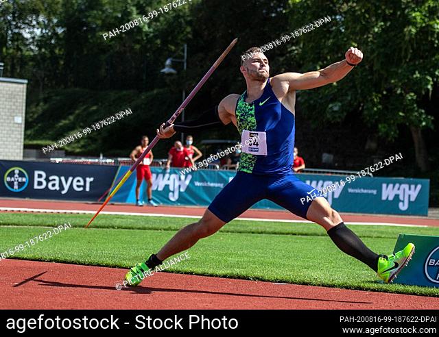 16 August 2020, North Rhine-Westphalia, Leverkusen: Athletics: #TrueAthletes Classics 2020 Leverkusen: Johannes Vetter throwing the javelin