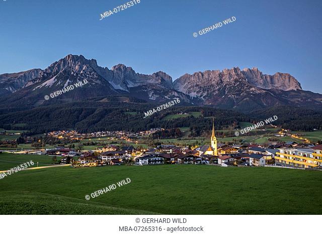 View over Ellmau to the Wilder Kaiser, Kaiser Mountains, Kufstein district, Tyrol, Austria, evening shot