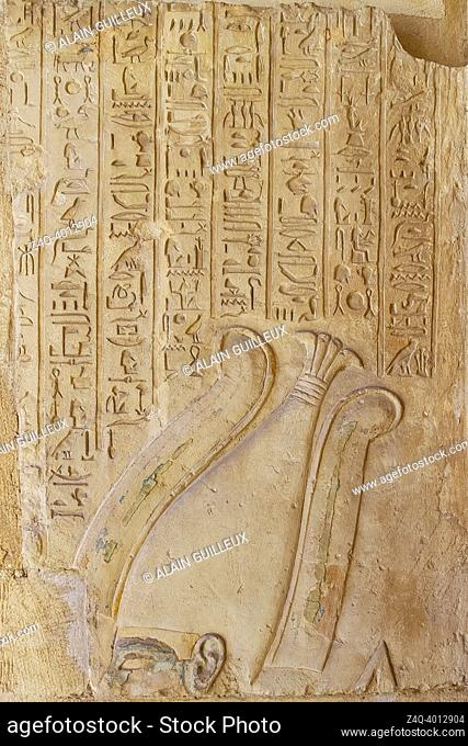 Egypt, Saqqara, tomb of Horemheb, statue room, head of Osiris and hymn for this god
