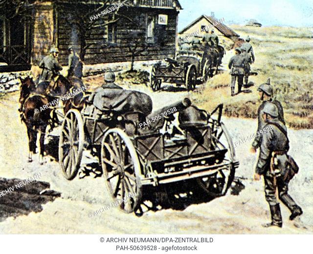 The contemporary colorized German propaganda photo shows a German machine gun company (M.G.K.) during the advance on the Latvian Baltic Sea coast
