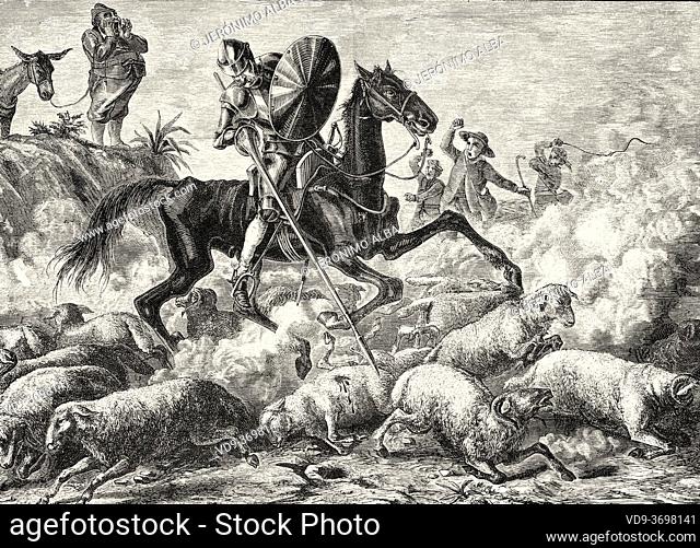 Don Quixote battles against a flock of sheep. Don Quixote by Miguel de Cervantes Saavedra. Old XIX century engraving illustration by Gustave Dore