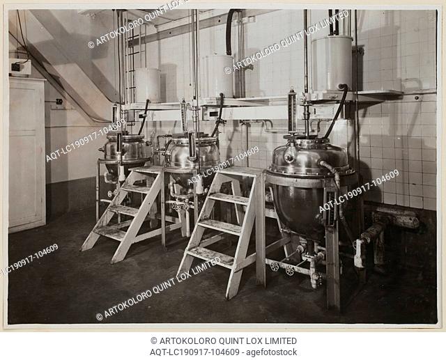 Photograph, Kettles in the Experimental Mixing Room, Abbotsford, 1946, Monochrome photograph of three large kettles in the experimental mixing room at Kodak...