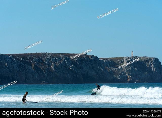Toulinguet Plage, Fnistere / France - 23 August 2019: surfing on the west coast of Brittany in France at Toulinguet Beach near Camaret-Sur-Mer