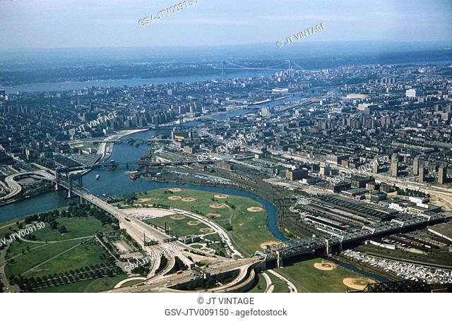 High Angle View of Queens, Bronx and Manhattan, East River and Hudson River, New York City, New York, USA, August 1959