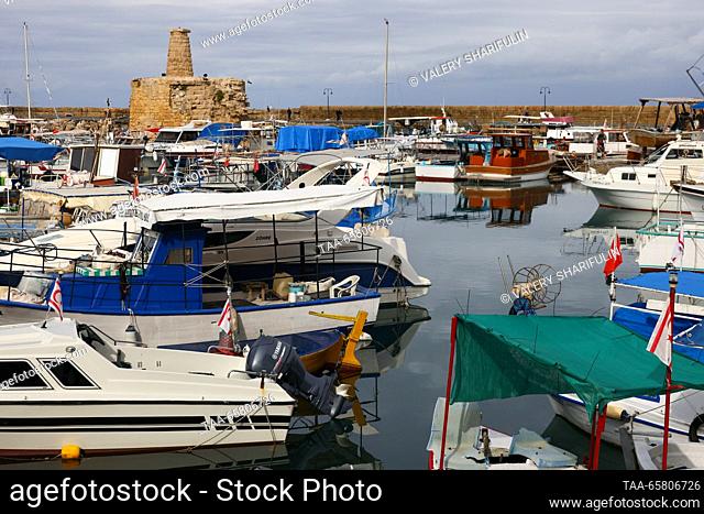 CYPRUS, KYRENIA - DECEMBER 15, 2023: Yachts in a marina in winter. The Turkish Republic of Northern Cyprus is a de facto state declared independent by Turkish...