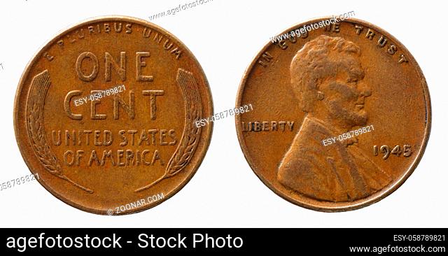 Obverse and reverse of 1945 one cent copper us coin isolated on white background
