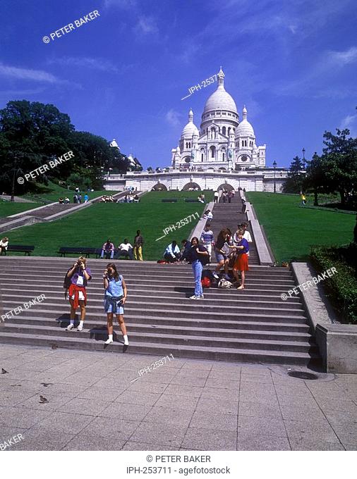 Sacre Coeur Church Basilica of the Sacred Heart at the summit of Montmartre Hill, the highest point in the city of Paris