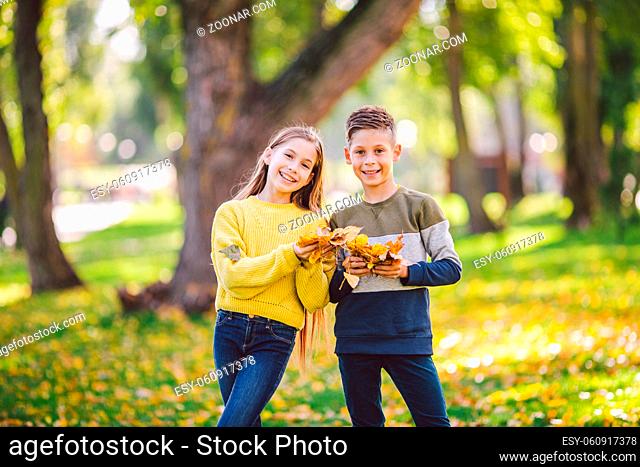 Happy Caucasian siblings enjoying in autumn day in park, sunny weather. Kids having fun holding fallen yellow leaves in nature