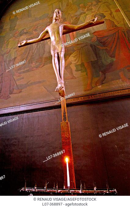 Modern sculpture of Jesus on the cross in St. Sulpice church. Paris. France