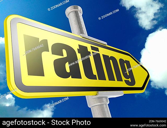 Yellow road sign with rating word under blue sky image with hi-res rendered artwork that could be used for any graphic design