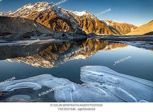 Mt Wakefield , winter reflection in Mueller Lake, Aoraki / Mount Cook National Park, Canterbury, New Zealand