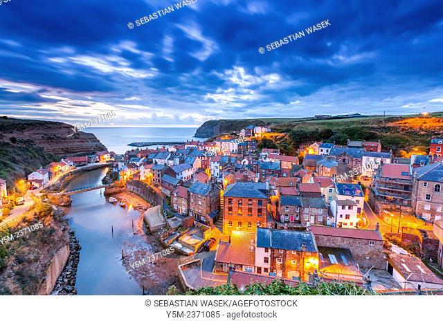 A view over the traditional fishing village of Staithes, North Yorkshire, England, United Kingdom, Europe