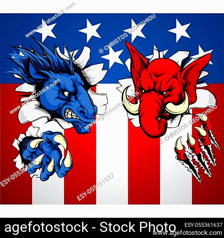 Politics Republican and Democrat concept of angry donkey and elephant mascots facing off with each other
