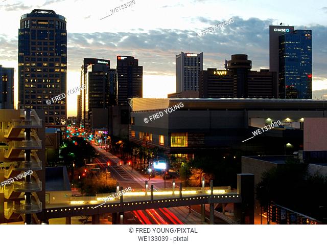 Phoenix, AZ, USA - October 17, 2014: Downtown Phoenix, AZ skyline at dusk. Phoenix is the capital of arizona with a population of 1 1/2 million residents