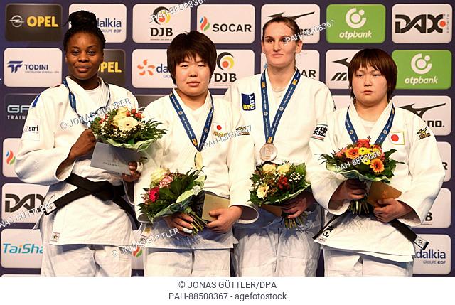 Madeleine Malonga (France) (l-r), Mami Umeki (Japan), Klara Apotekar (Slovenia) and Rika Takayama (Japan) on the podium during the presentation ceremony after...