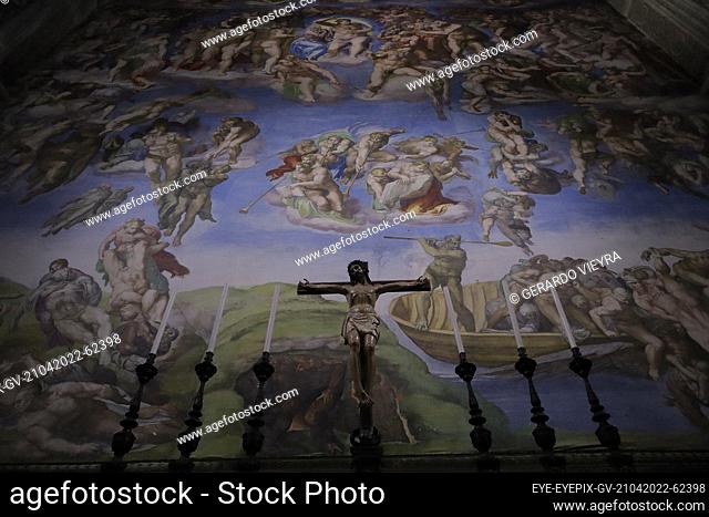 MEXICO CITY, MEXICO - APR 21, 2022: Detail of Michelangelo's art during a tour of the exhibition at the opening of the replica of Michelangelo's Sistine Chapel...