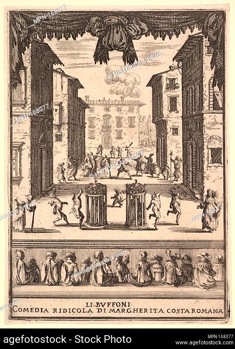 Frontispiece for the comedy 'The Buffoons' (Li Buffoni), a set on stage resembling a public space, various figures dancing around two people in cages in center...