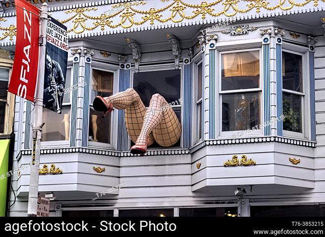 Dangling fishnet stocking legs in the Haight Ashbury, San Francisco, California, U. S. A