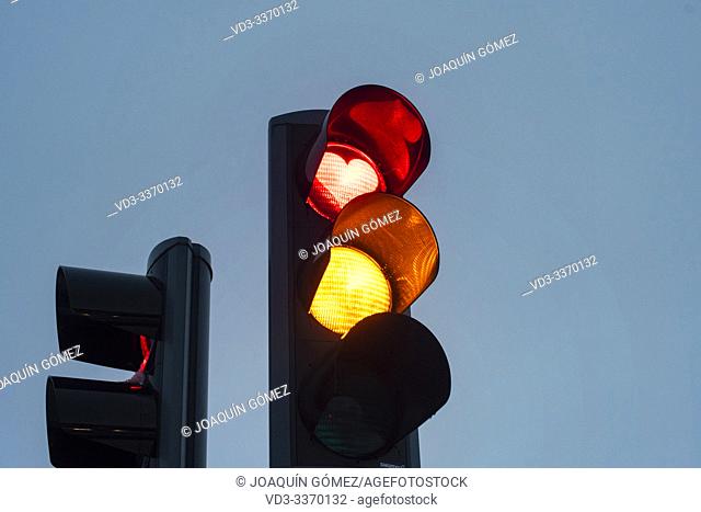 The typical traffic lights with the red heart that the city of Akureyri (Iceland) has