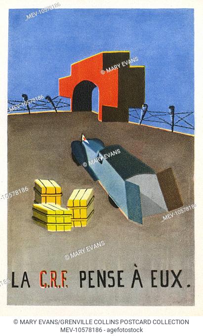The French Red Cross never forgets them..  A superb stylised postcard praising the efforts of the French Red Cross in World War Two - entering the warzone with...