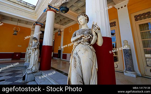Greece, Greek islands, Ionian islands, Corfu, Achilleion, residence Empress Sissis, built in 1889, architecture based on Greek mythology, terrace