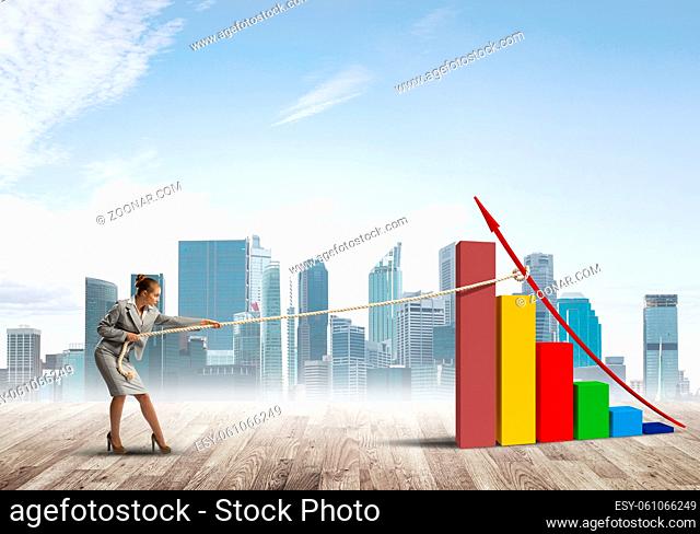 Young woman outdoors and growing graph presenting growth progress