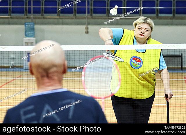 RUSSIA, MOSCOW REGION - MAY 18, 2023: badminton match as part of the Parafest Paralympic sports festival at the Borisoglebsky Sports Palace in Ramenskoye