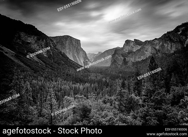 The iconic view of Yosemite Valley and the magnificent El Capitan in a storm from Tunnel View in California, USA