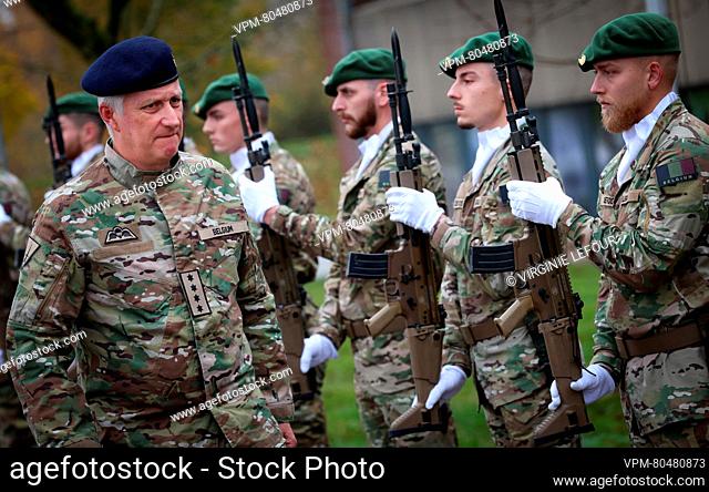 King Philippe - Filip of Belgium arrives for a royal visit to the King Albert military camp in Marche-en-Famenne, as part of his traditional working visits to...