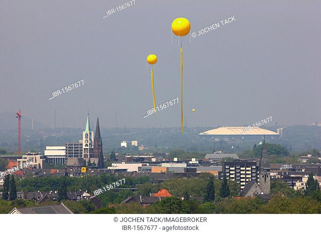 Project Schachtzeichen, mine shaft signs, art event, European Capital of Culture, Ruhr 2010, 311 yellow balloons mark former mine shafts, Schalke Arena at back