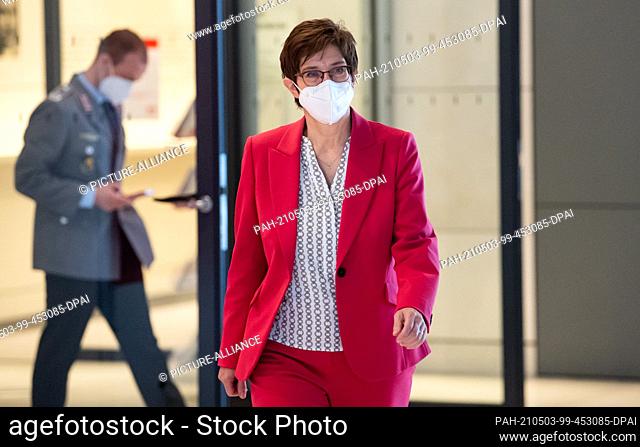 03 May 2021, Berlin: Annegret Kramp-Karrenbauer (CDU), Minister of Defence, arrives for a press statement after the special session of the Defence Committee on...