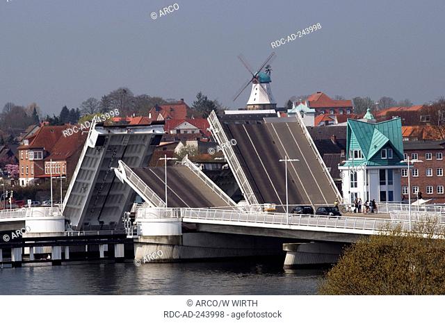 Bascule bridge and windmill  'Amanda' Schlei Kappeln Schleswig-Holstein Germany
