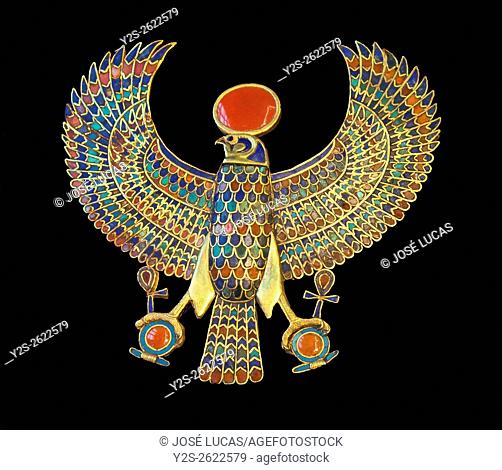 Pectoral jewel, Gold falcon, Tutankhamun's treasure, Museum of Egyptian Antiquities, Cairo, Egypt, Africa