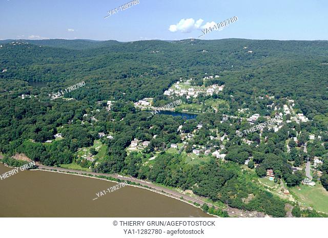 Aerial view of Fort Montgomery town and Garrison pond, back the Bear Mountain state park during summertime, New York upstate, Usa