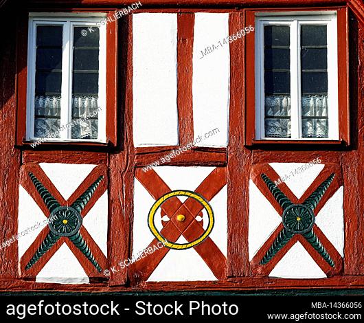Europe, Germany, Hesse, city Herborn, historical old town, half-timbered detail St. Andrew's cross on market square