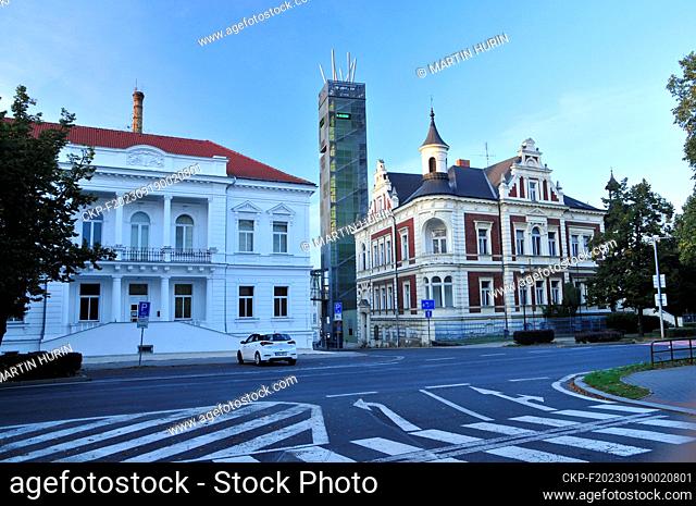 Hop and Beer temple with Hop Lighthouse - observation tower with 3D animation in Czech town of Zatec (on the photo of October 1st, 2020)