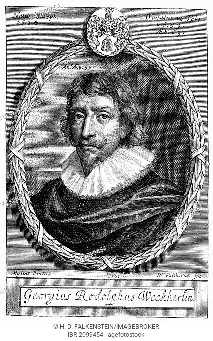 Historic print, 1634, portrait of George Rodolf Weckherlin, 1584 - 1653, a German court poets of the late Renaissance, from Bildatlas zur Geschichte der...