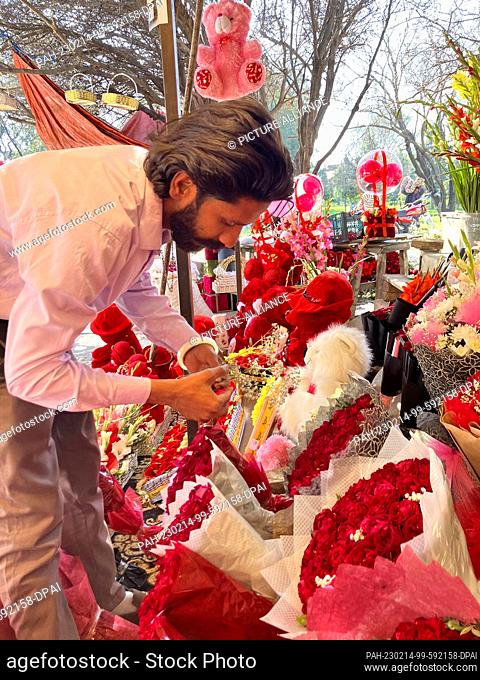 14 February 2023, Pakistan, Islamabad: Haider Ali, a florist in Islamabad, bends over the flowers at his stand. He has prepared it for Valentine's Day