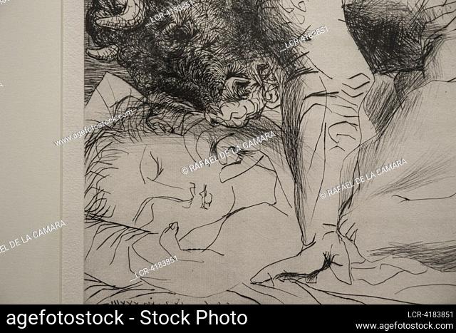 (NO SALE OR LICENSE FOR MUSEUMS AND PUBLIC EXHIBITIONS) PICASSO EXHIBITION THE SACRED AND THE PROFANE, DETAILS MINOTAUR CARESSING A SLEEPING WOMAN