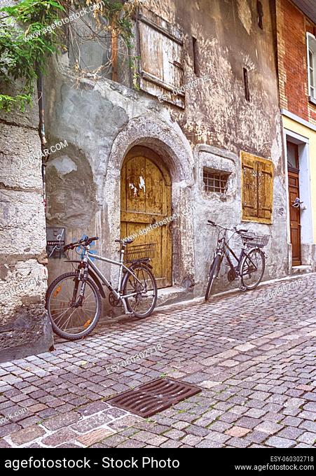 Street with bicycles in old city of Solothurn by day, Switzerland