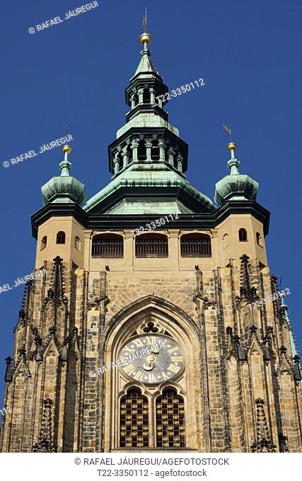 Prague (Czech Republic). Bell tower of the St. Vitus Cathedral (Chrám svatého Víta or Katedrála Svatého Víta)
