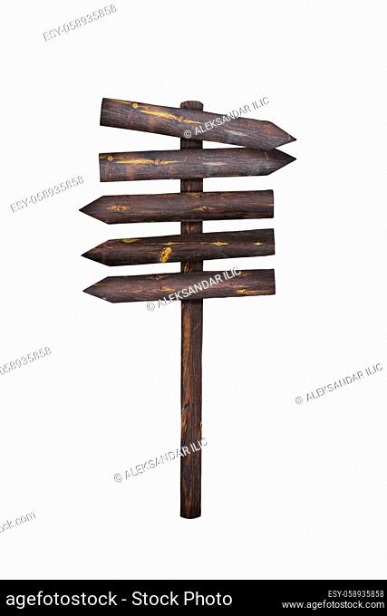 Old, rustic wooden arrow sign isolated on white background