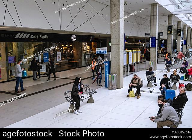 Interior of renovated railway station in Katowice, Silesian Region of southern Poland
