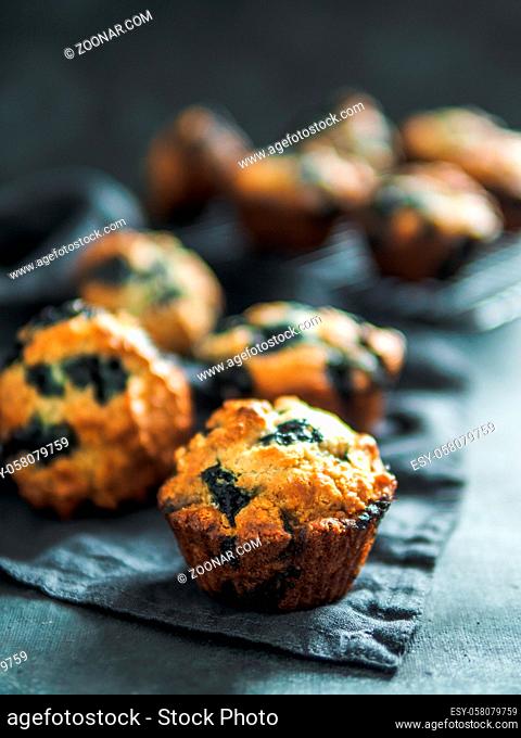 Homemade vegan blueberry muffins on dark background. Copy space for text or design. Low key. Vertical
