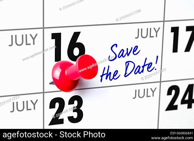 Wall calendar with a red pin - July 16